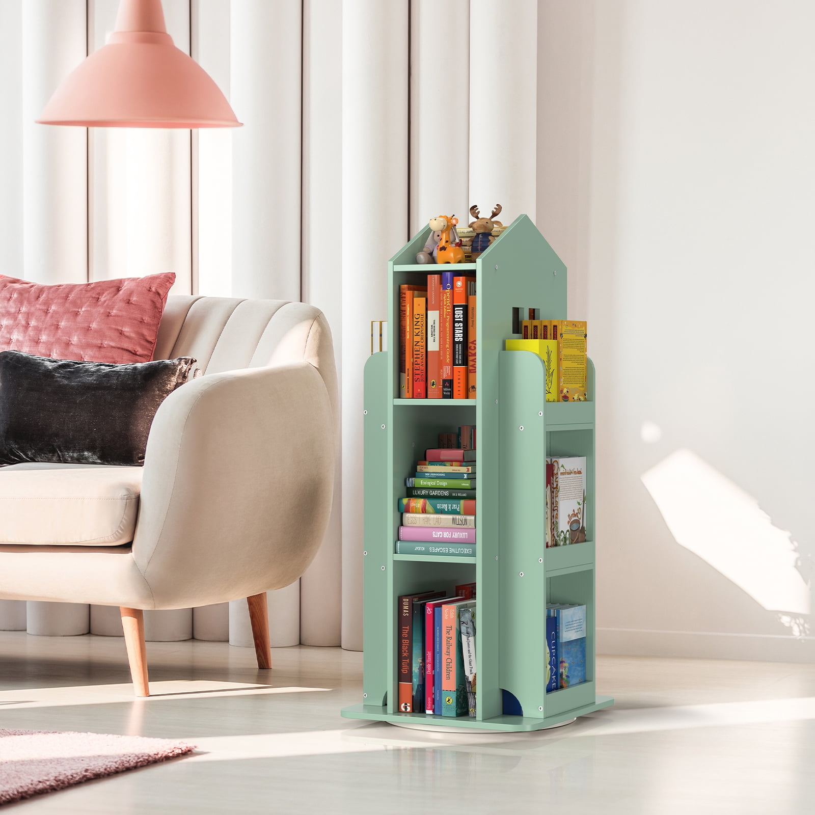 360° Rotating Kids Bookshelf, Olive Green Engineered Wood House-Shaped Bookcase, 38in Tall Storage Organizer for Bedroom, Playroom, Living Room