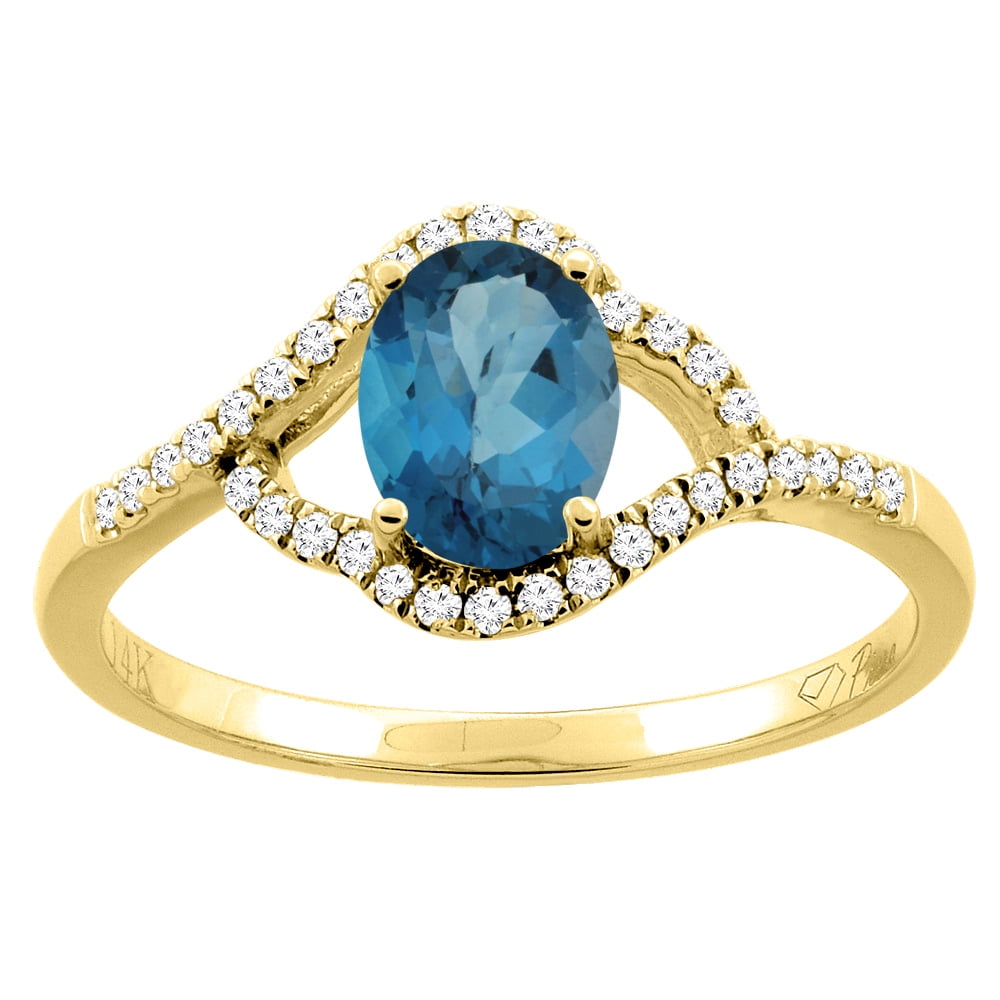 14K Gold Diamond Natural London Blue Topaz Engagement Ring Oval 7x5 mm, sizes 5 10 by WorldJewels