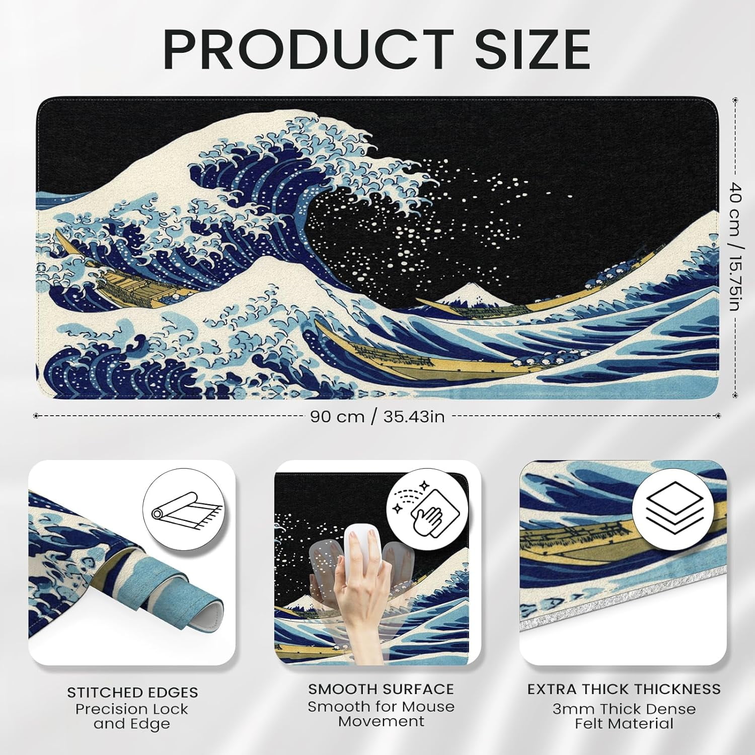 Felt Desk Mat, XXL Large Mouse Pad Desk Pad, Gaming Mousepad, Non-Slip Base, No Any Smell Desk Protector Cover Mat for Computer Keyboard Work Game Office Home-Color Wave of Kanagawa
