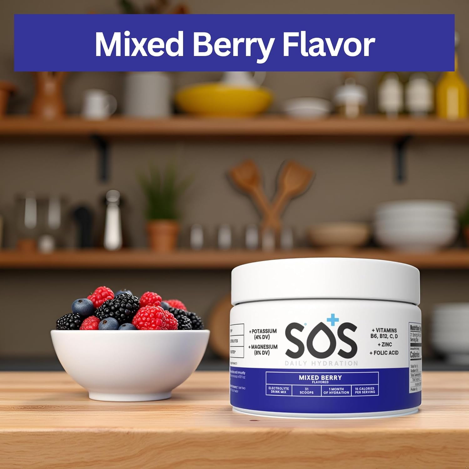 SOS Hydration Daily Electrolyte Drink Mix, Mixed Berry, 31-Serving Tub, Low Sugar, Vitamins B6 B12 C D, Potassium Magnesium Zinc