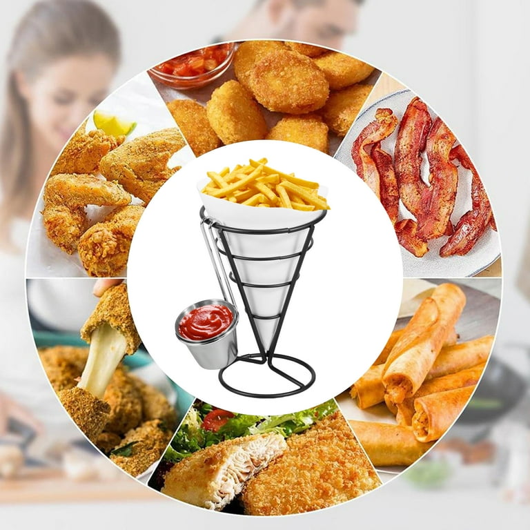 2-Pack Black Stainless Steel French Fry Cone Holders - Snack Display Stands For Restaurants & Parties