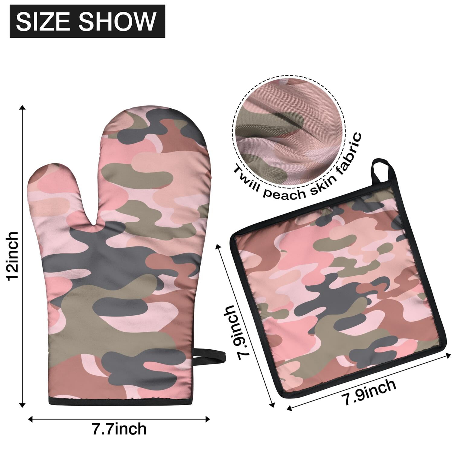 Camouflage Oven Mitts and Pot Holders Set Of 4, Heat Resistant Kitchen Gloves with Non-Slip Grip, Hanging Loop, Soft Cotton Lining for Baking, Cooking, Grilling, Barbecue