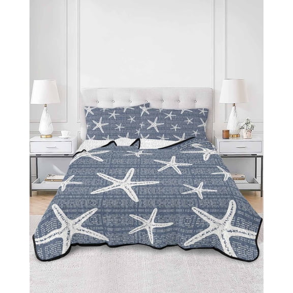 Quilts Twin XL Size, Dark Blue Starfish Coastal Soft Comforter Bedding Set for Bed, Summer Beach Nautical Sea Ocean Lightweight Quilted Bedspread with Pillow Cover(2 Pieces) All Season, 68x98 Inch