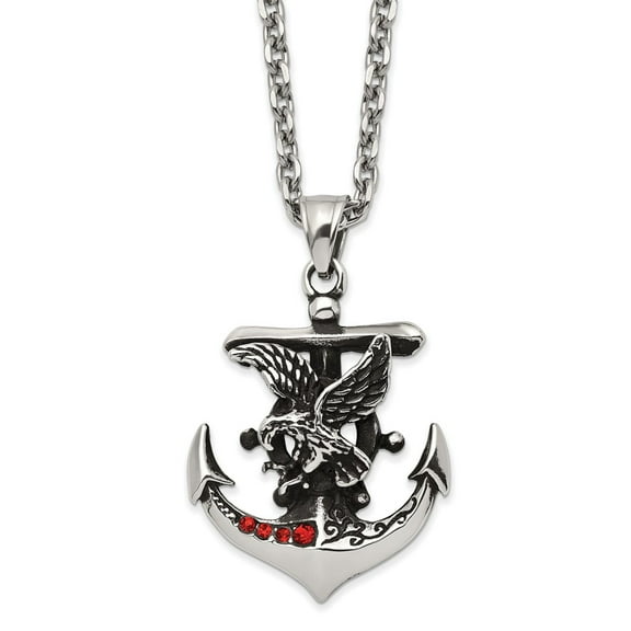 Primal Steel Stainless Steel Polished and Antiqued with Red Crystal Anchor and Eagle Necklace