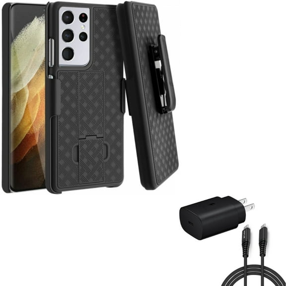 6ft USB-C Cable PD Type-C 25W Fast Home Charger with Swivel Holster Case Belt Clip for Samsung Galaxy S21 Ultra