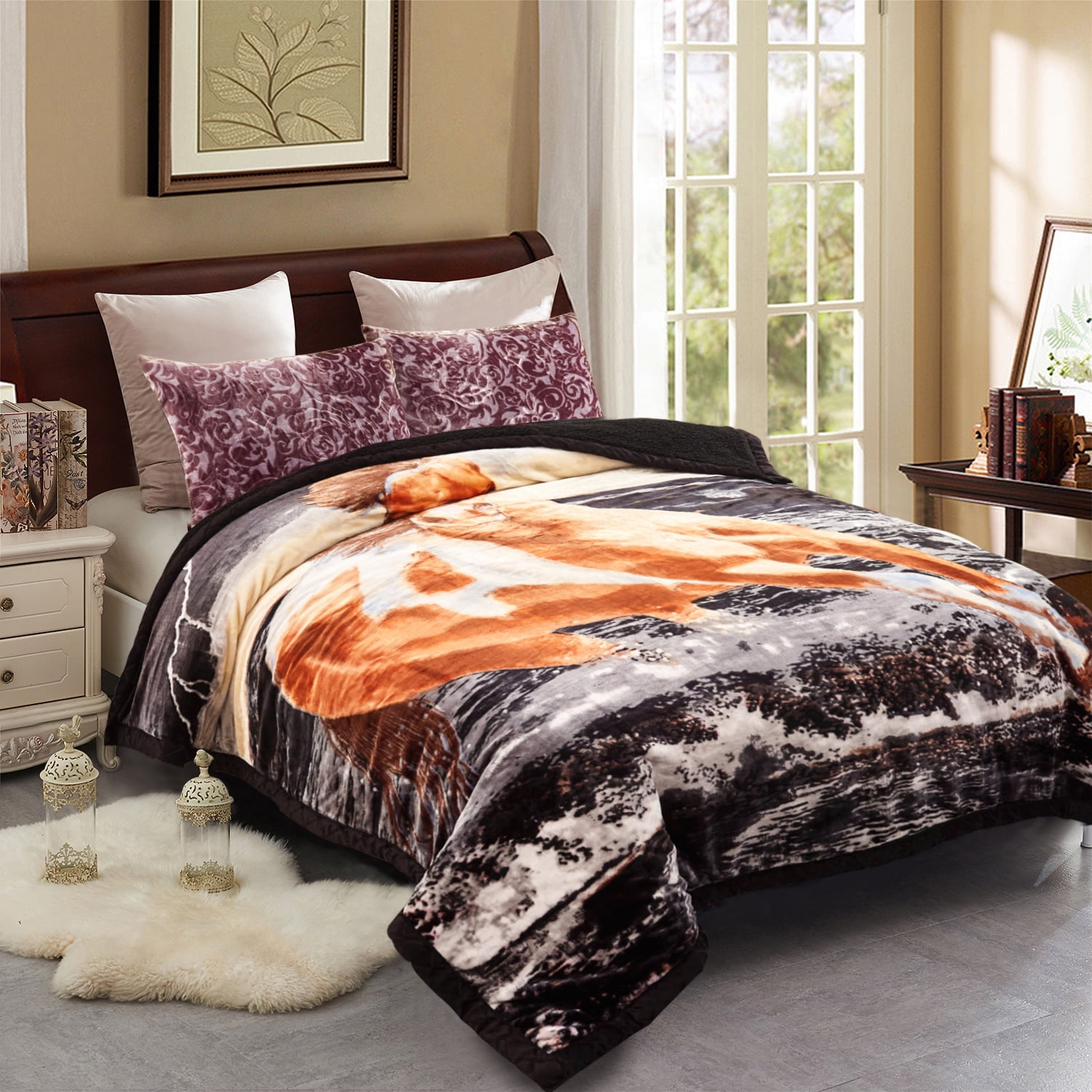 6 Piece Black White Reversible Warm Flannel Sherpa Borrego Blanket King Size GH 