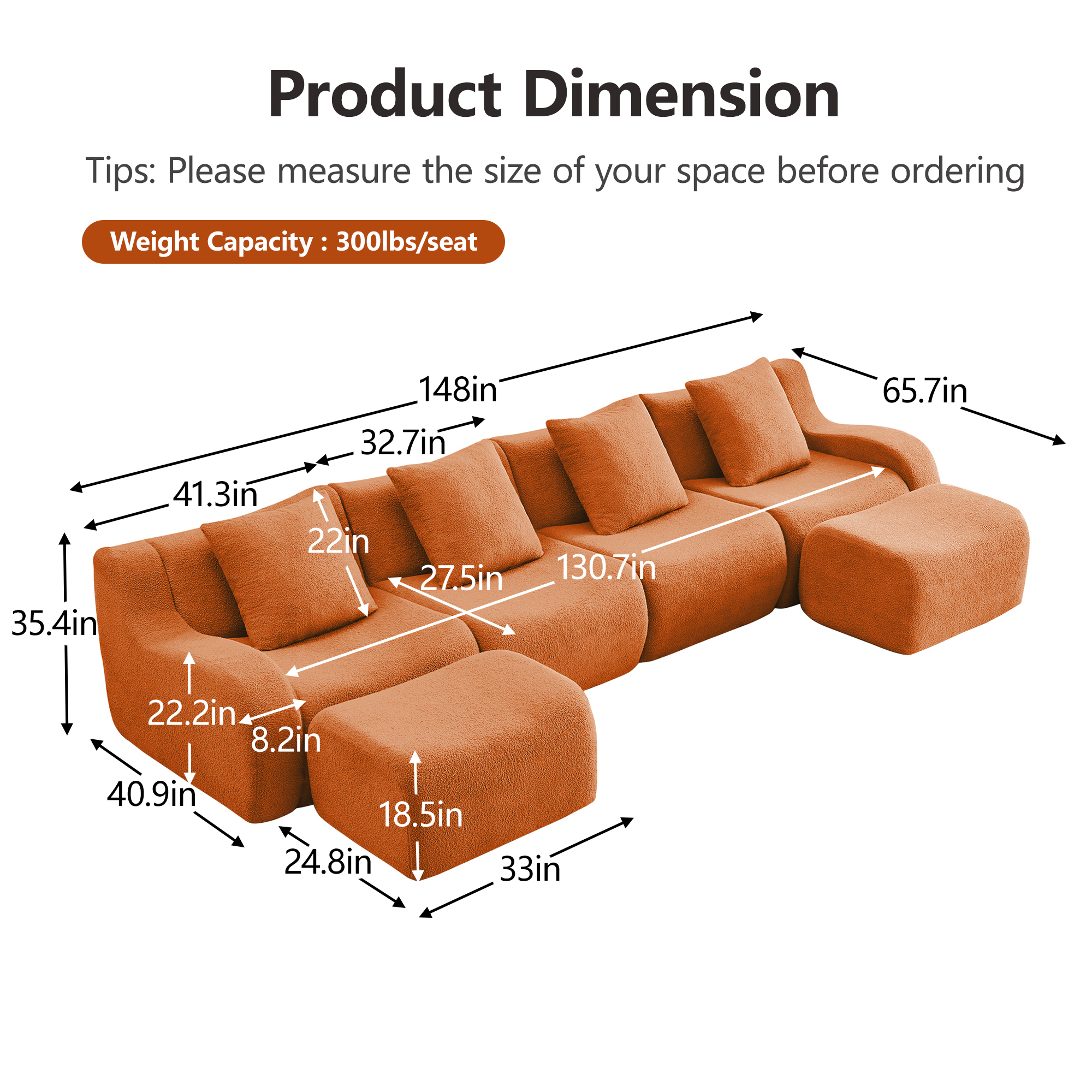 Alvantor Sectional Sofa with Reversible Ottoman U-Shaped 148" W 4-Seater Teddy Boneless Couch Modern Deep Seat Cloud Sofa for Living Room Orange