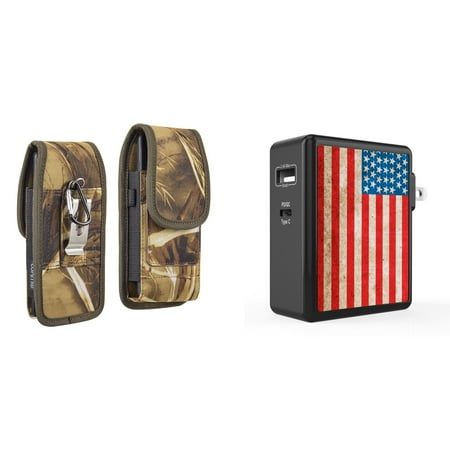 

Holster and Wall Charger Bundle for Samsung Galaxy A13 4G: Vertical Rugged Nylon Belt Pouch Case (Camo) and 45W Dual USB Port PD Type-C and USB-A Power Adapter (Vintage American Flag)