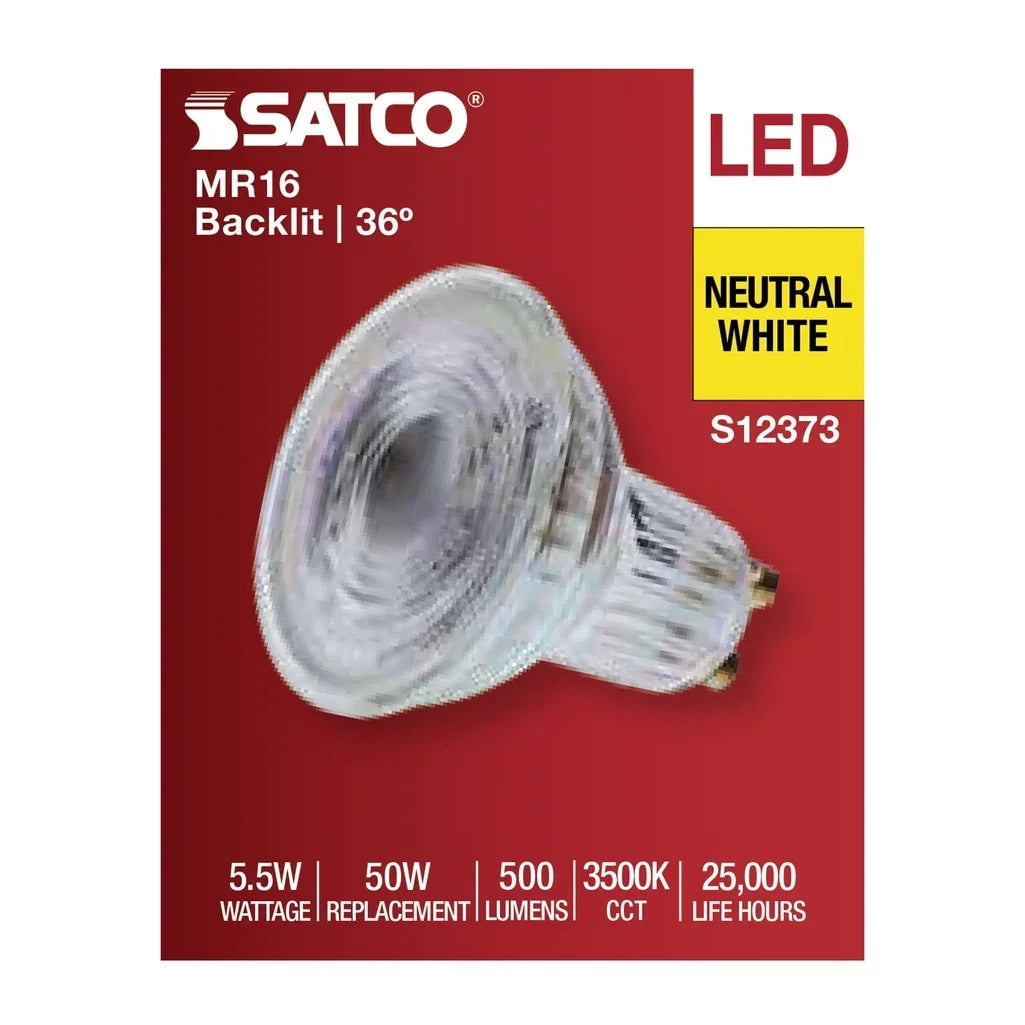 Satco LED MR16 Floodlight 5.5W 50W Equivalent 3500K Neutral White 90+ CRI 36° Beam GU10 Twist-Lock Base 120V Dimmable Clear Finish – Part S12373 (12 Pack)
