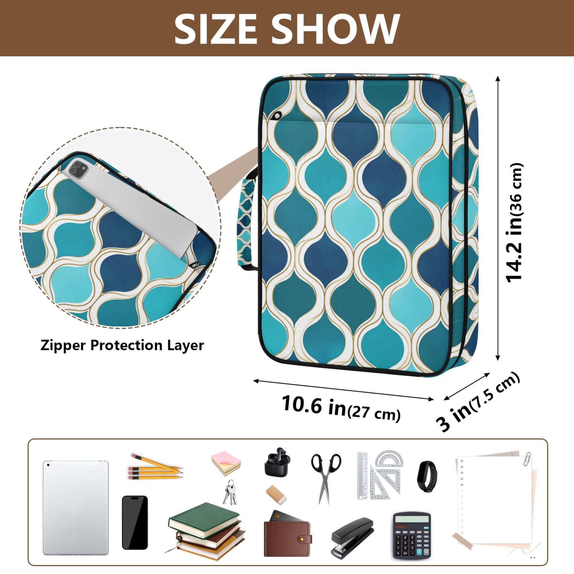 FORMRS Accordion File Folder A4 Size 7-Pocket Expanding Document Organizer Bag with 3 Ring Binder, Blue Geometric Pattern