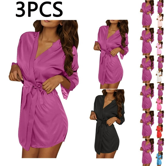 Feancey 3PC Short Silk Bathrobes for Women Long Sleeve Wedding Party Robe Knee Length Casual Satin Robes Soft Cozy Nightgowns Belted Robe Black Free Size