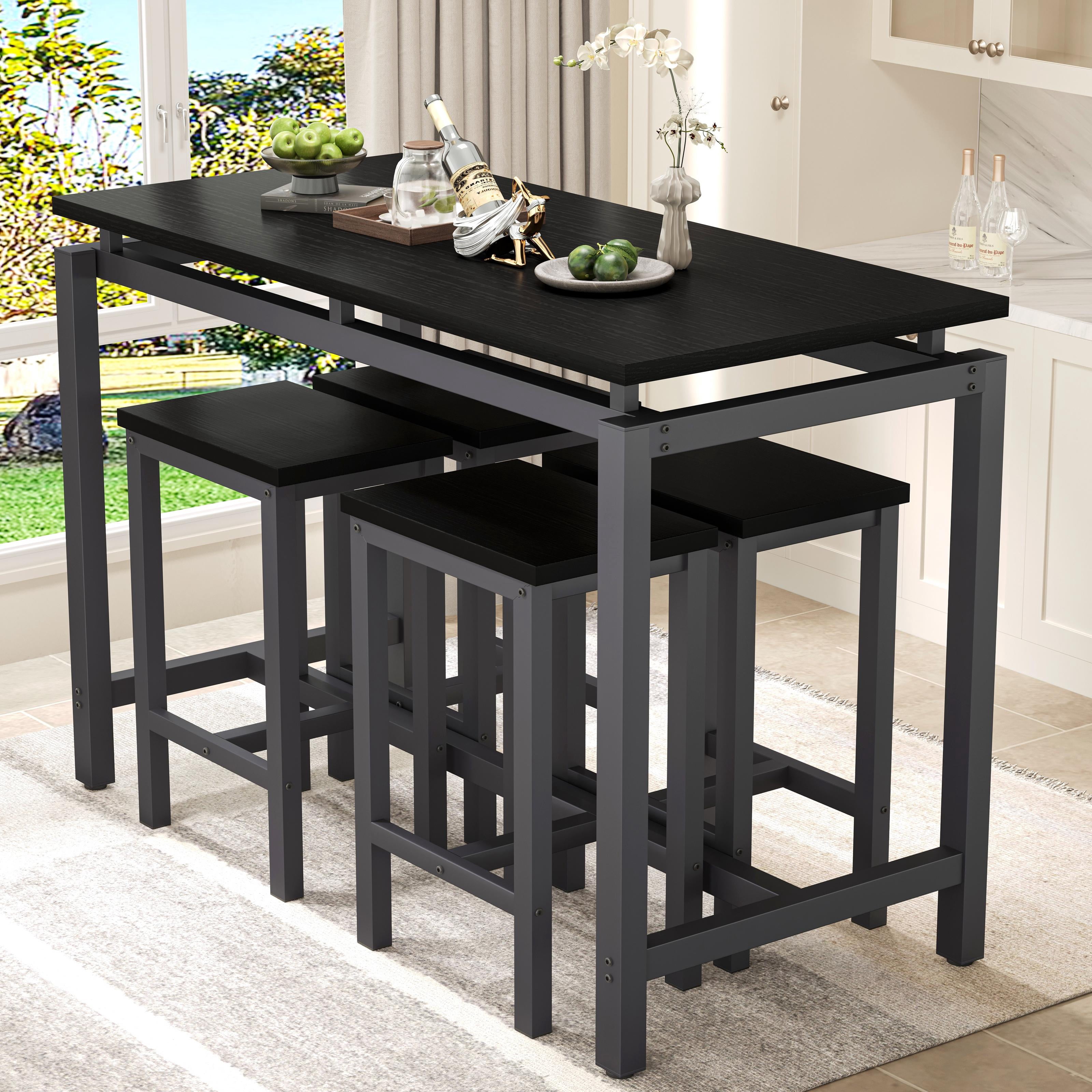Counter Height Table Set of 5, Breakfast Bar Table and Stool Set, Minimalist Dining Table with Backless Stools, Wood Top Pub Table & Chair Set for Kitchen Apartment Bistro - Space Saving