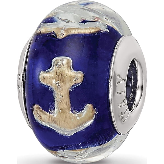 Sterling Silver Reflections Foil Anchor Blue Italian Glass Bead (15.3 X 10.1) Made In Italy qrs3736