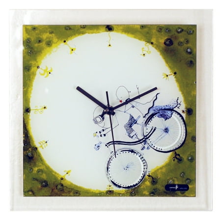 River City Glass Mn River City Clocks Square Glass Wall Clock with Boy and Girl on Bicycle - 10.25W x 10.25H in. ()