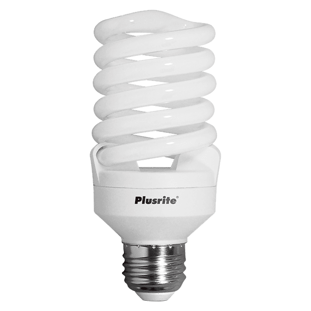 foco ahorrador plusrite espiral 26w e26 t2 127v 6500k blanco foco espiral T2 26 W (equiv. 100 W) con base E26, acabado opalino y rosca metálica visible, luz día 6500K y flujo 1640 lm; vista frontal centrada del tubo en espiral y la base. Adecuado para iluminación interior comercial y residencial, encendido instantáneo y vida útil 10,000 h; también suele usarse como reemplazo en lámparas portátiles.