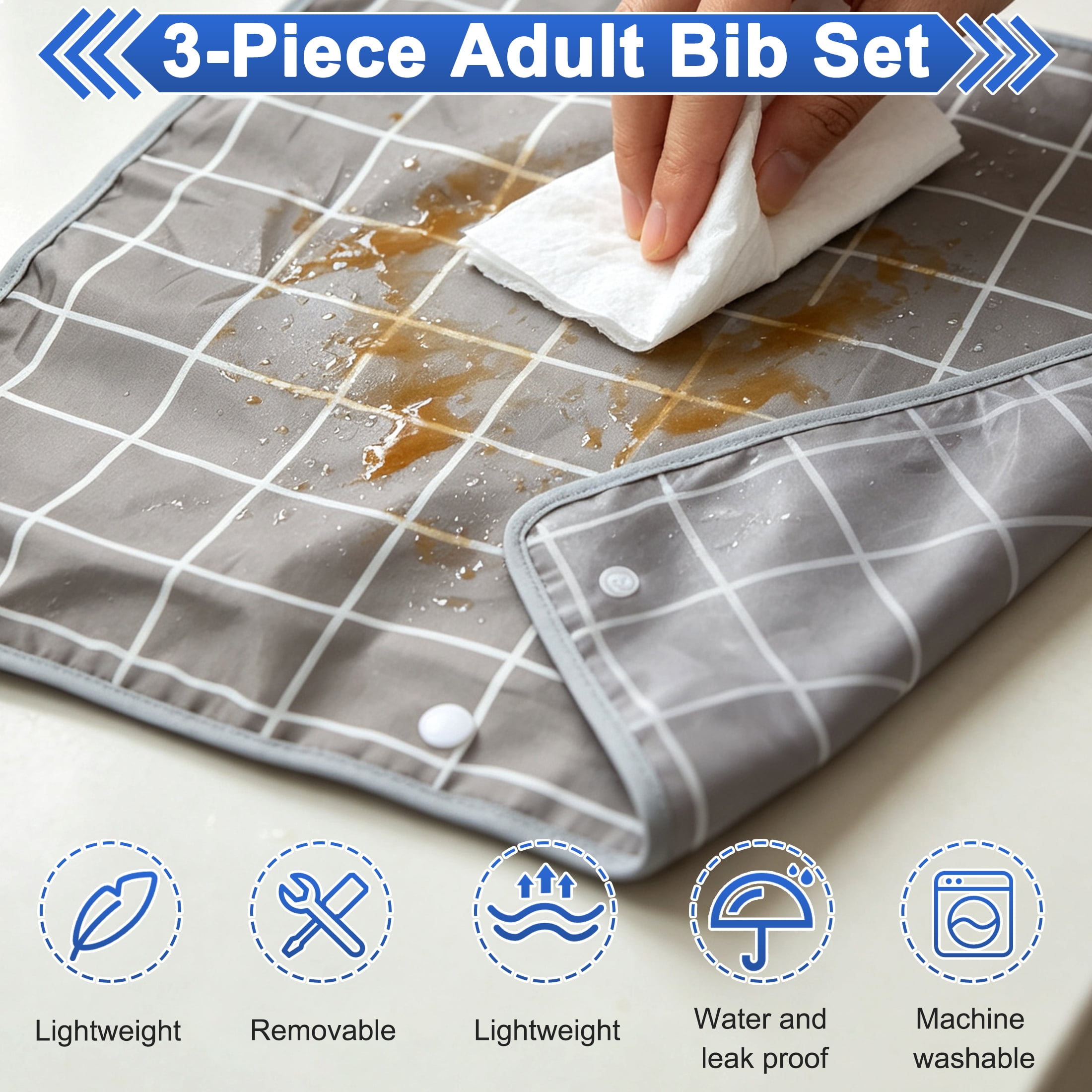 3 Pack Adult Bib for Eating, Waterproof Elderly Bib with Removable Food Catcher Tray, Reusable Large Clothing Protector, Washable Dining Apron for Seniors, Nursing Home, 28.34 × 26.77 Inch