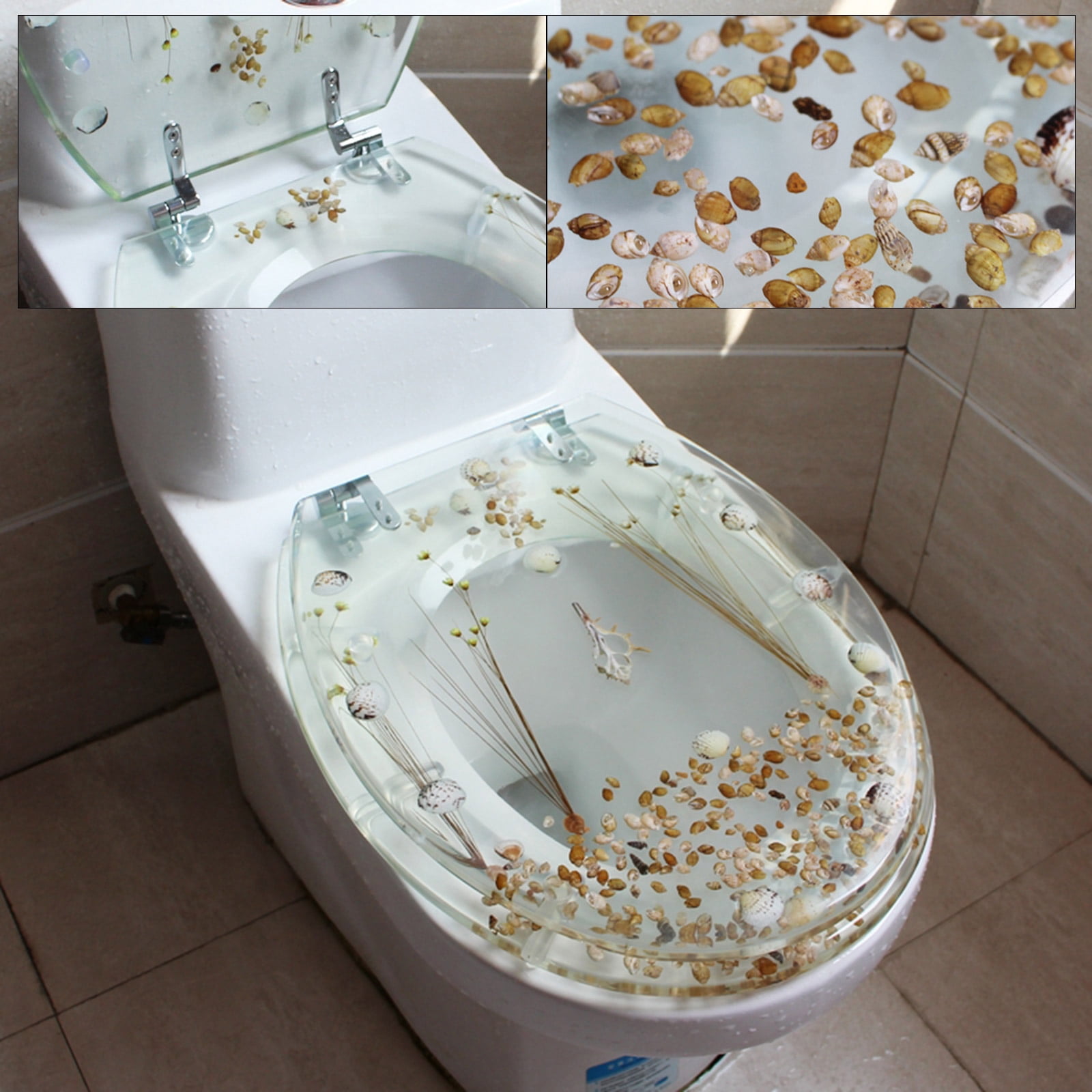 TOOL1SHOoo Toilet Seat Sea Shell Resin Silent Close Toilet Hinges Bathroom Deco  with Seashells Cover U/V Shape Elongated Toilet Seats Bathroom Decor Easy Clean and Install 16.5 Inch