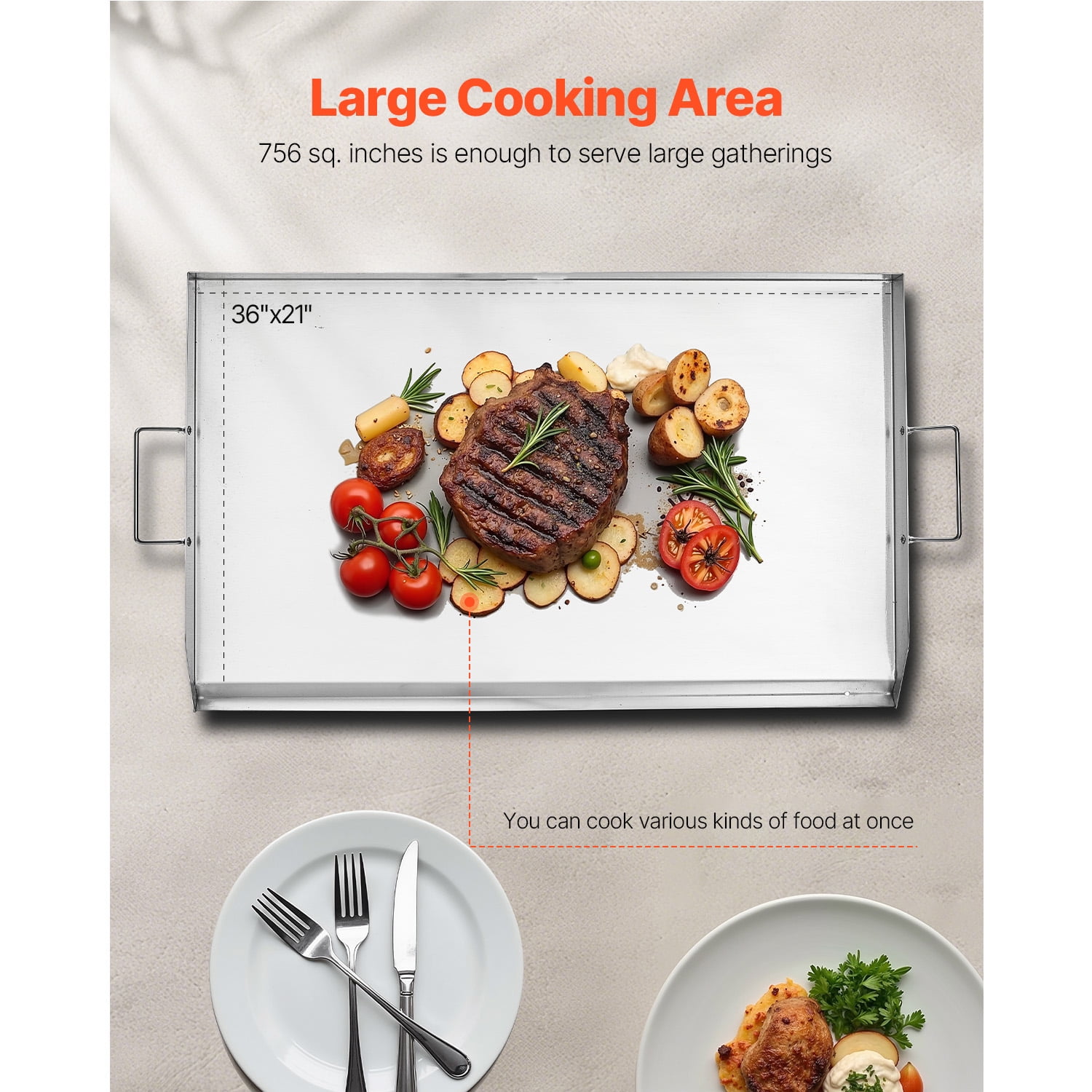 KFFKFF Griddle in Stainless Steel, Measuring 36x22 inches, Flat Rectangular Top, Suitable for BBQ Grill, Teppanyaki, Portable Cookware with Handle, Ideal for Outdoor Camping and Tailgating Parties
