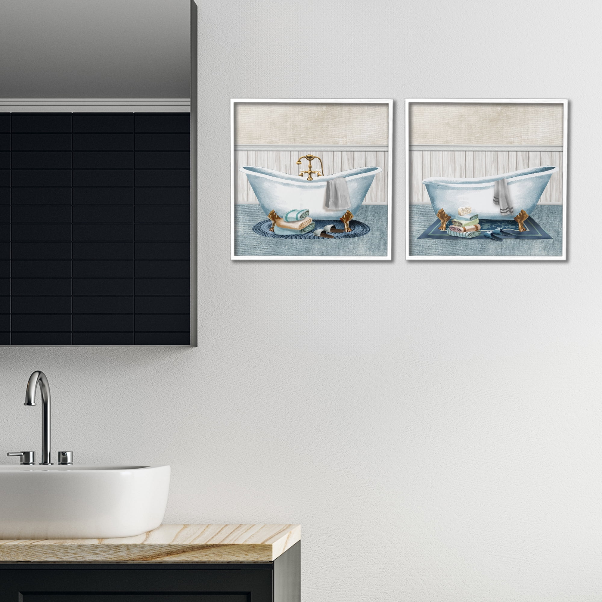 Stupell Industries Cozy Bathtub & Slippers 2 Piece White Framed Giclee Art Set, design by Conrad Knutsen