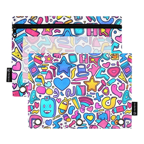 Cartoon Doodles and Playful Symbols 2 Pack Pencil Pouch for 3 Ring Binder Smooth Zipper Folders with Pockets Clear Window Pencil Case