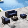 thumbnail image 2 of SOLAURA 5-Piece Outdoor Patio Furniture Sofa Set, Rattan Wicker Sectional Sofa with Ottoman, Glass Coffee Table & Cushions, Outdoor Conversation Set for Backyard, Garden, Porch, Dark Blue, 2 of 9