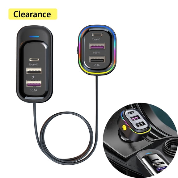 66W Car Charger with LED Light, 6 Port Fast Charger with 2 USB C and 4 USB A for iPhone Samsung Tablet Car Vacuum