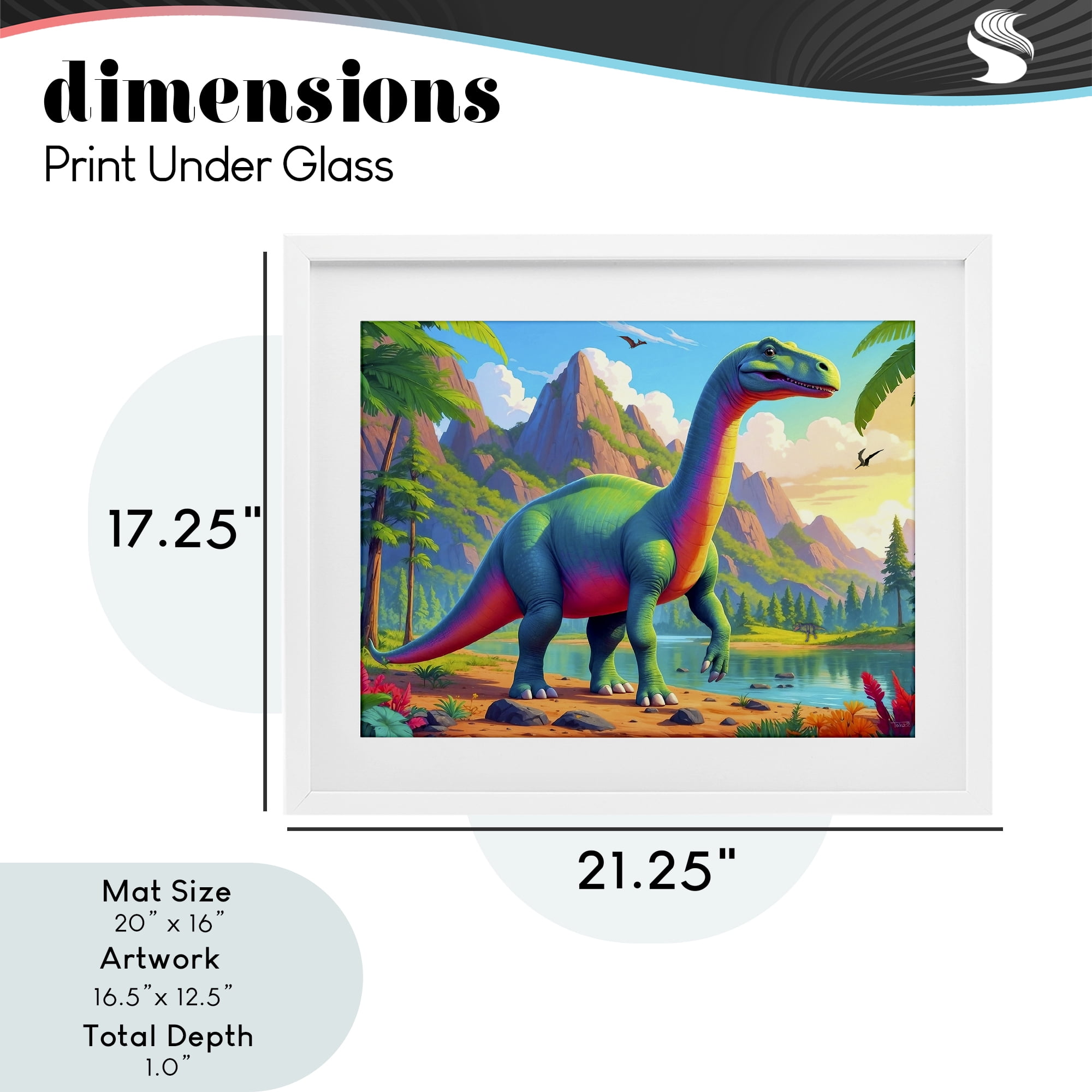 Stupell Industries Vibrant Brontosaurus by River White Framed Print Under Glass, design by Tabz Jones