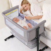 3-in-1 Bedside Bassinet, Adjustable Height Rocking Mode, Breathable Mesh, Storage Basket, Bedside Sleeper, Easy Assemble & Folding with Wheels, Gray