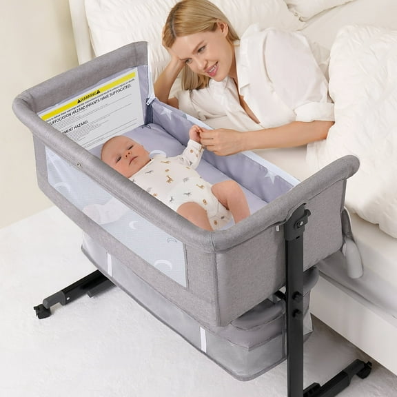 Baby Bassinet Bedside Crib Foldable Portable with Adjustable Height, Wheels, and Storage Basket, grey