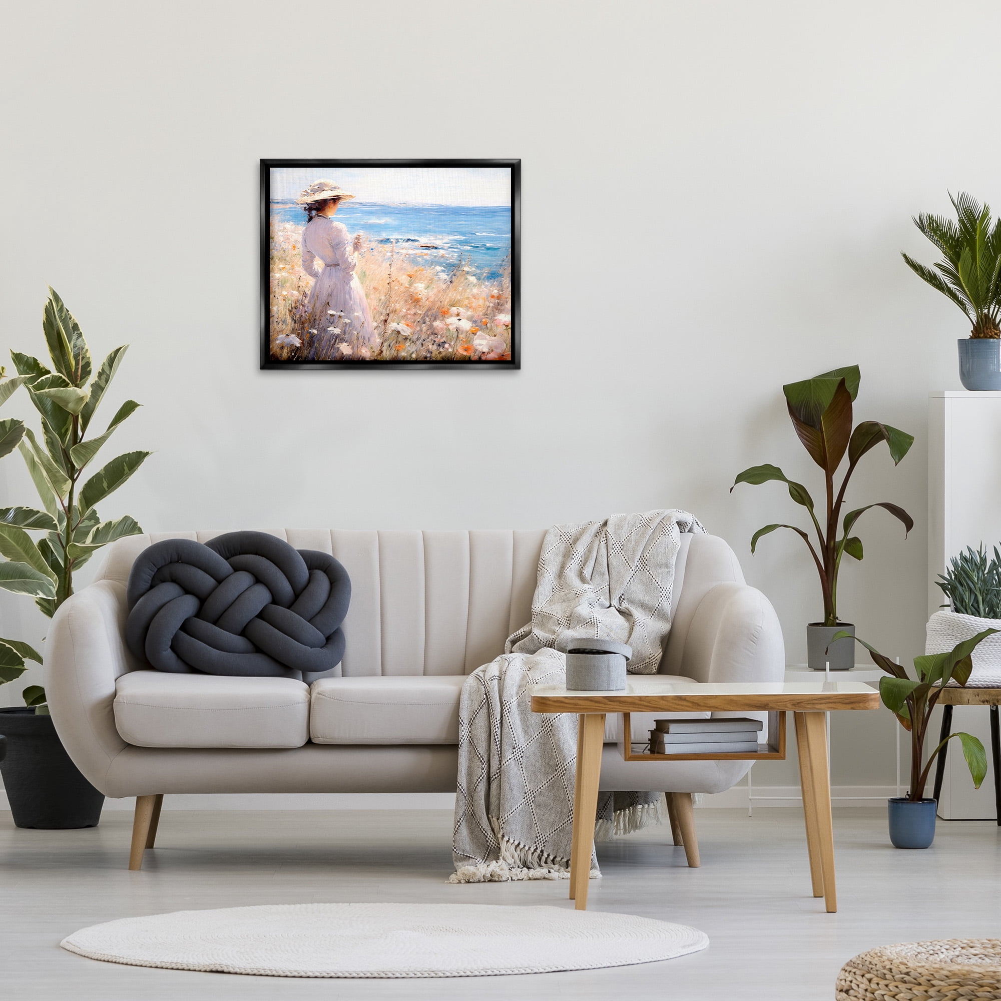 Stupell Industries Classic Woman by Shore Landscape Painting Black Floater Framed Canvas Art Print Wall Art, 31 x 25