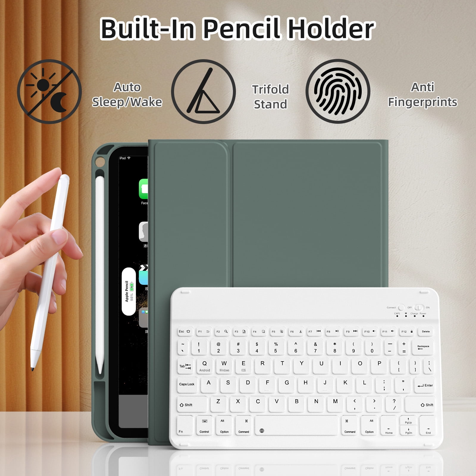 GKABXY Magnetic Keyboard Case for iPad A16 11th /10th Generation 2025/2022 with Pencil Holder 10.9/11 Inch, Magnetic Detachable Wireless Bluetooth Multi-Angle Stand Rechargeable Keyboard Case, Green