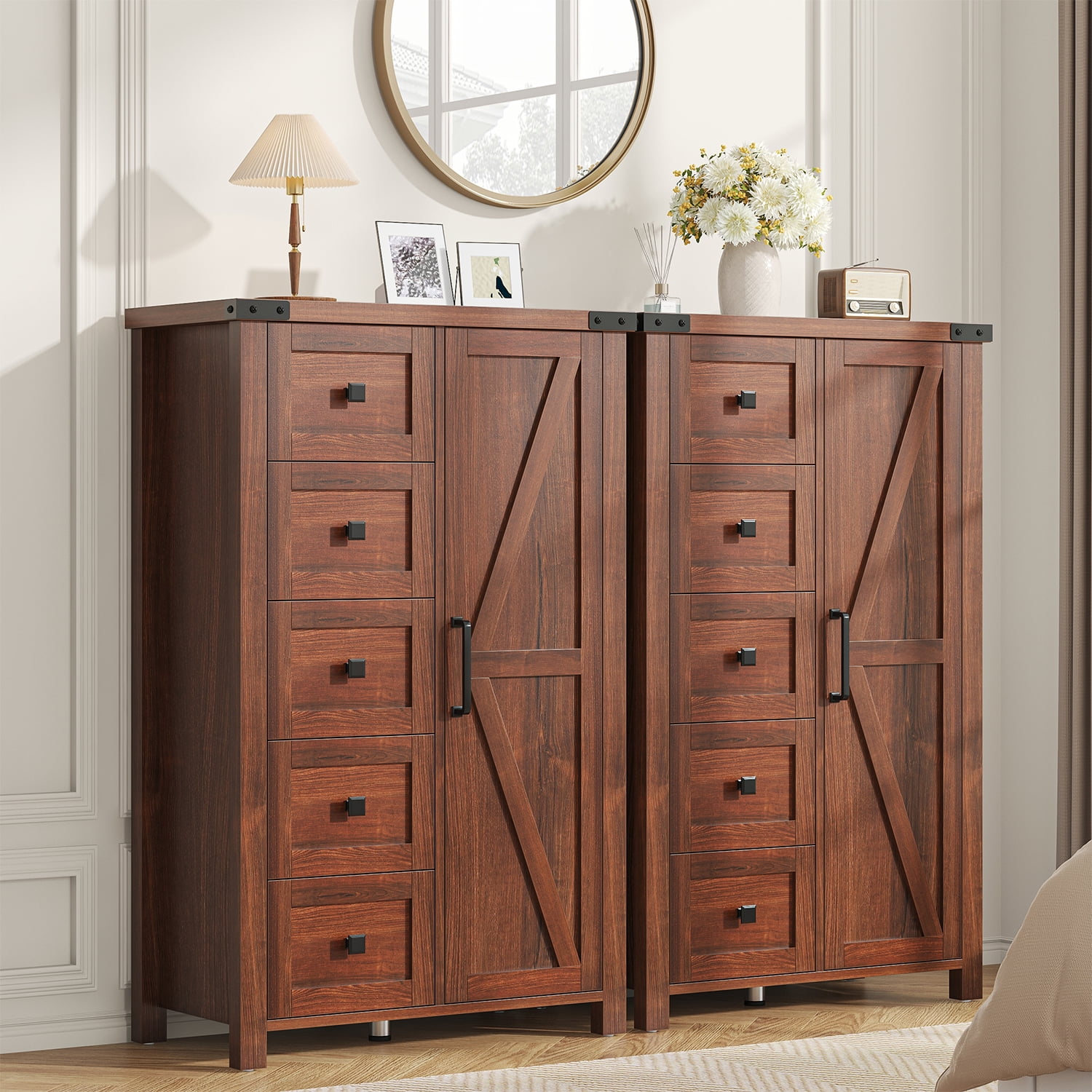 Frmobepts Farmhouse 5 Drawer Dresser with Barn Door, Adjustable Storage Cabinet for Bedroom Living Room, Brown
