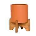 thumbnail image 2 of Fluted Metal Planter Pot With Arch Wood Base - Terracotta Color - 12.5"H x 9.75"W, 2 of 4