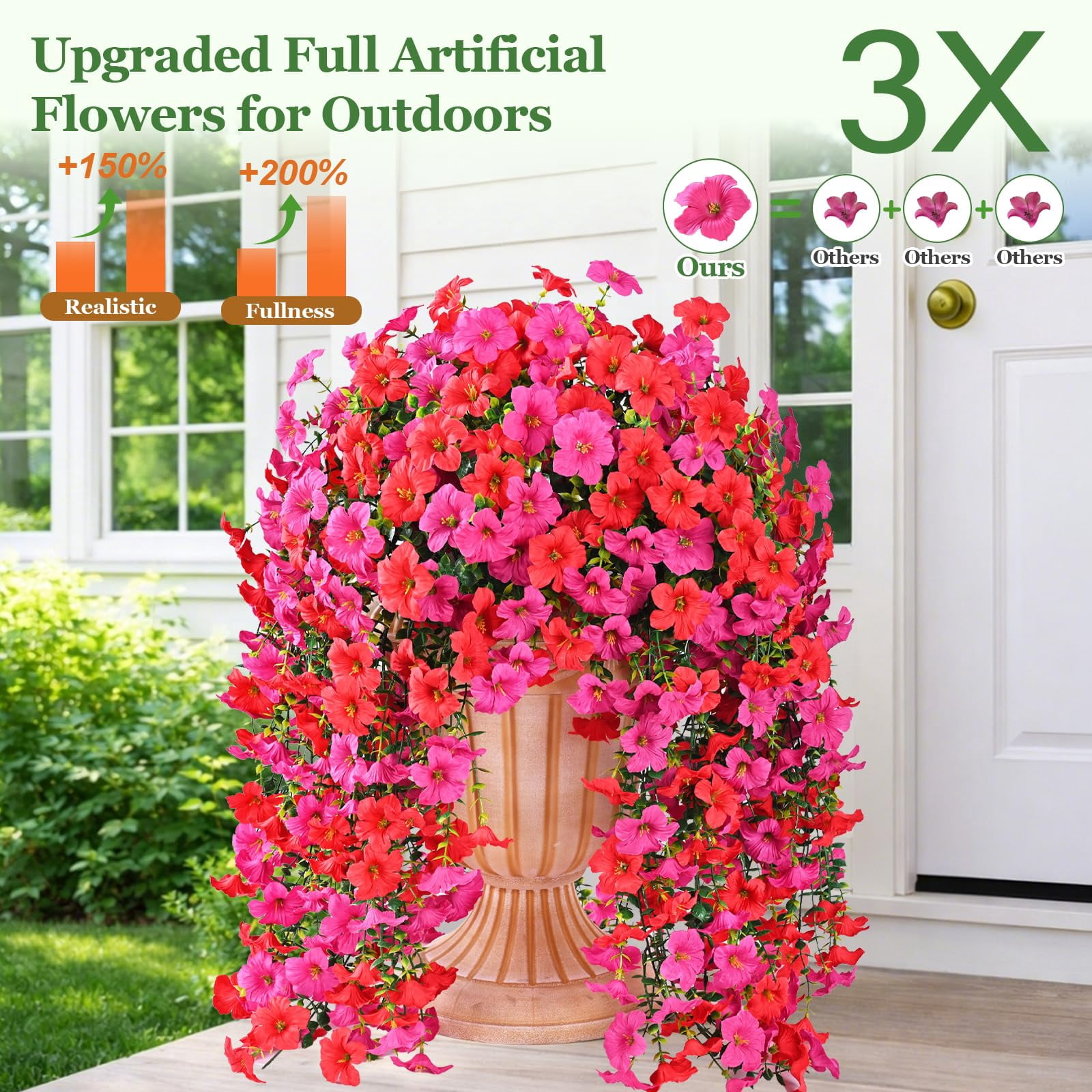 Artificial Flowers for Outdoors, 2 PCS Full UV Resistant Artificial Outdoor Flowers, Large Size Faux Flowers for Outdoor planters Fake Hanging Flowers Plants for Porch, Front Door, Garden