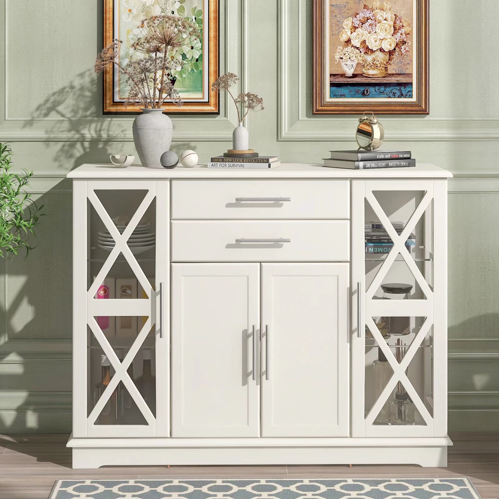 Functional Console Table, Retro Sideboard with 2 Storage Drawers and 4 Doors, Wooden Side Table ...