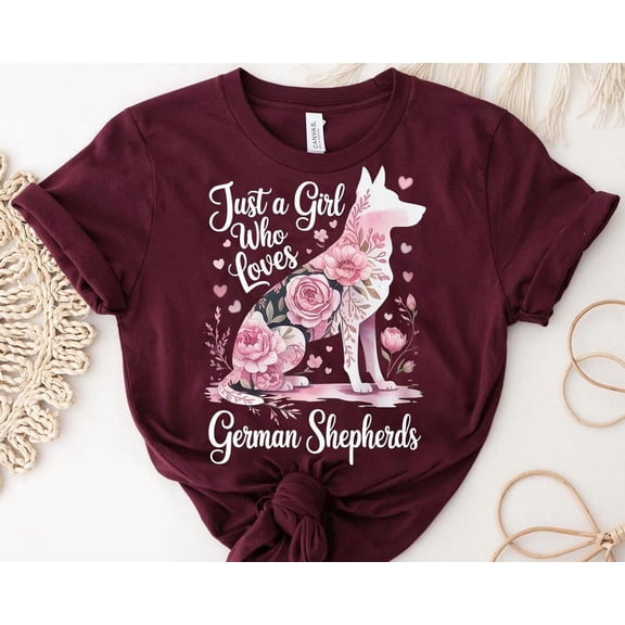 Just a Girl Who Loves German Shepherds Shirt – Floral Dog Silhouette Tee – Cute Pet Lover Gift – GSD Girl Aesthetic Graphic Top TSHIRT All Size S-5XL