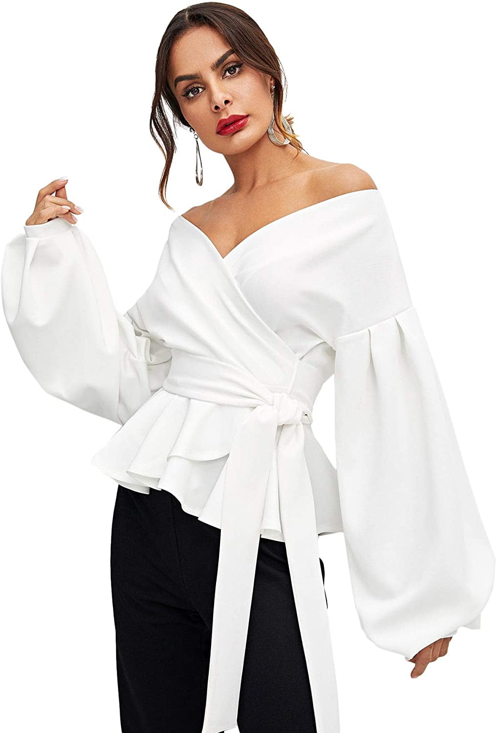 Long Sleeve V Neck Ruffle Blouse 