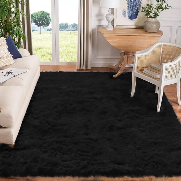 iLieber Sheepskin Soft Fluffy Fur 6.7x10 Black Area Rug, Fuzzy Rug Washable Faux Fur Rug for Living Room Nursery Playroom Rectangle