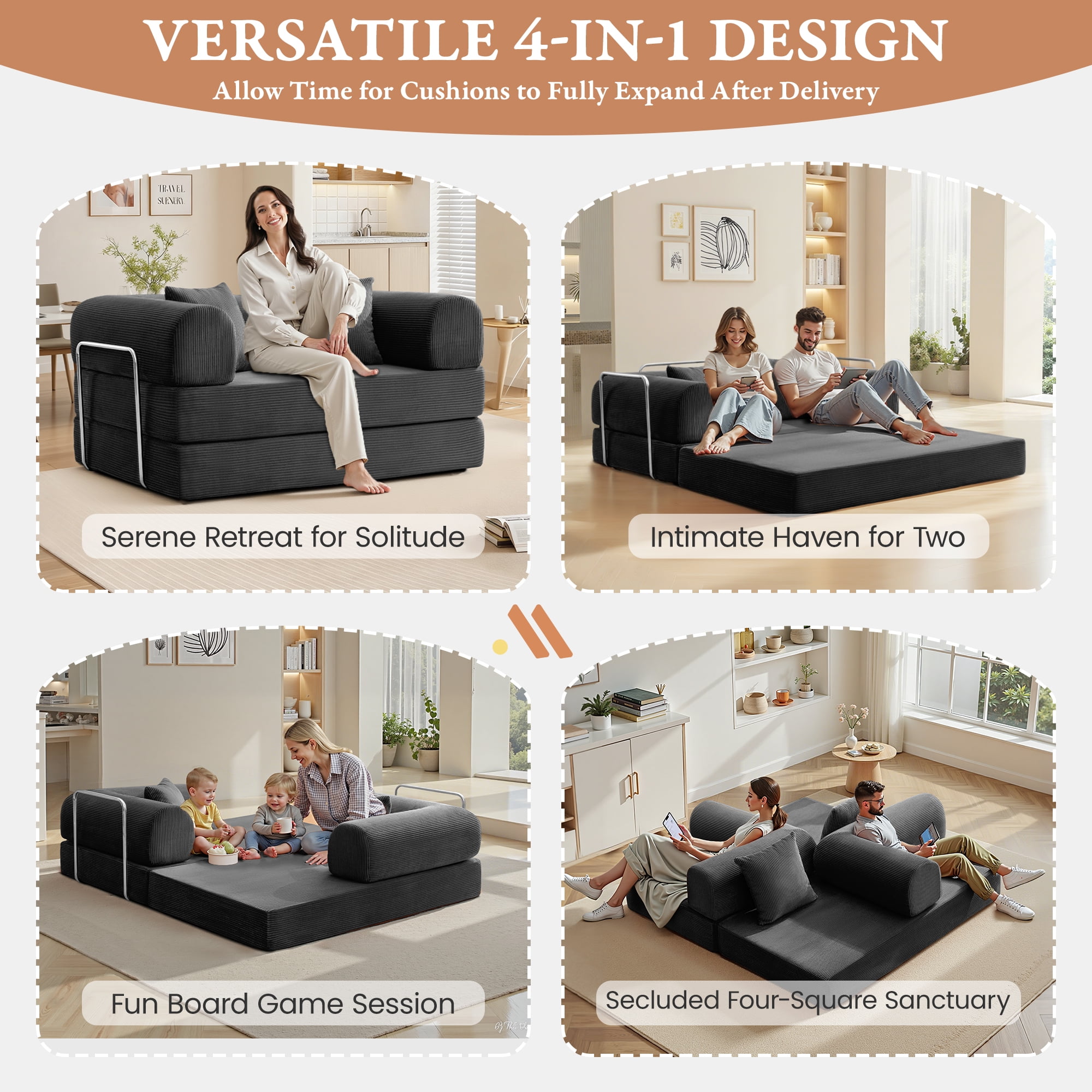 COOLHUT 63" W Combination Sofa, High Rebound Density Foam Sofa Couch, Two Forms Floor Couch Three Seats Sofa Bed for Living Room, Bedroom, Black