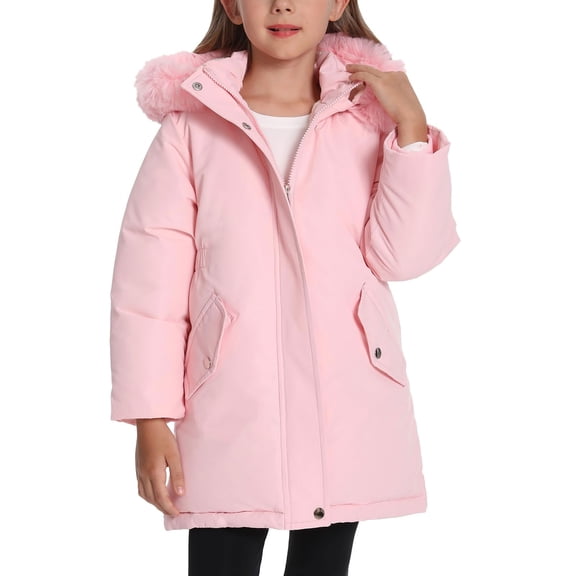 XIMIN Kid Girl's Long Down Coat Thicken Fleece Lined Parka Thicken Warm Puffer Jacket with Faux Fur Detachable Hood Pockets Winter Fur Overcoat