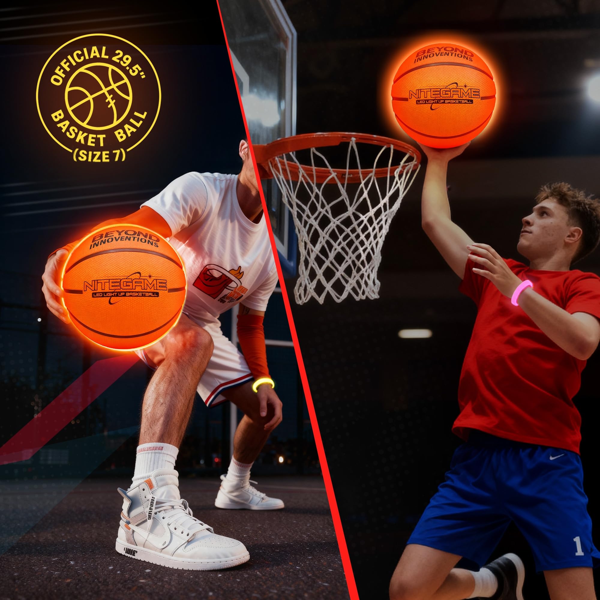 BEYOND INNOVENTIONS Glow in the Dark Basketball with 2x Light Up Bands, Official Size 7