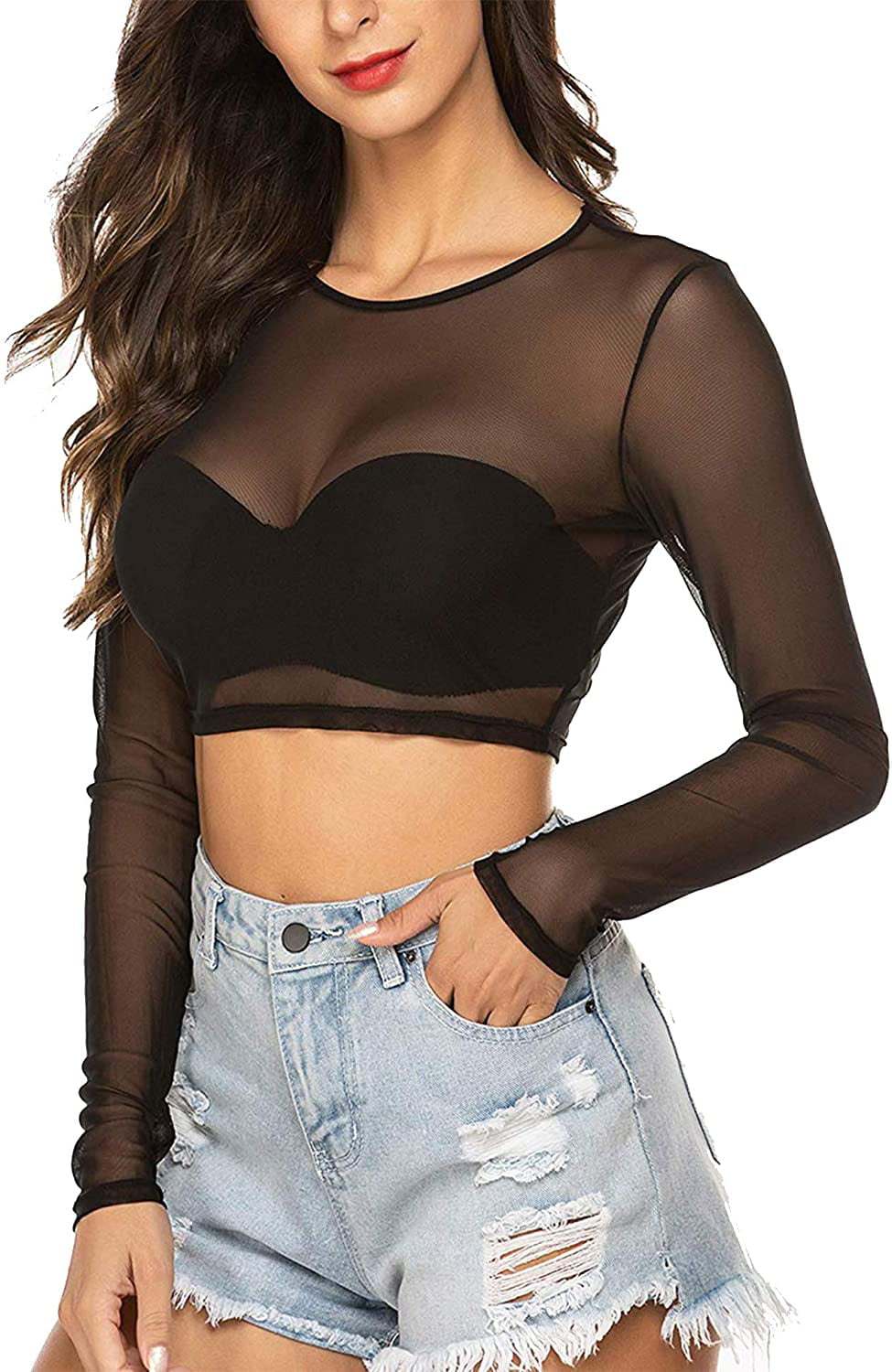 exaggerate make you annoyed Exist black mesh crop top