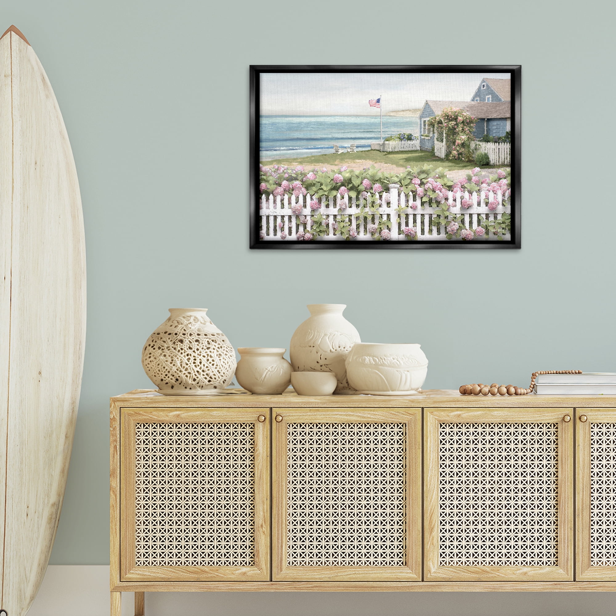 Stupell Industries Coastal Bay Cottage Landscape & Nature Painting Black Floater Framed Canvas Art Print Wall Art, 31 x 21