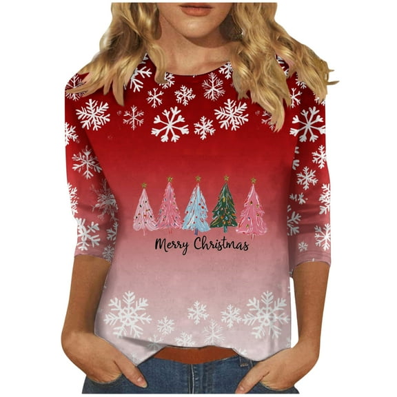 Oplxuo Womens 3/4 Length Sleeve Tops Funny Christmas Graphic 2025 Crew Neck Holiday Tops Pullover