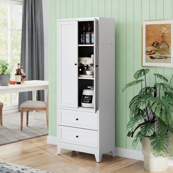 Kitchen Pantry Storage Cabinet, 72" H Storage Cabinet with 2 Drawers and Adjustable Shelves, Spacious Cupboard with Round Handles, Metal Kitchen Cabinet for Dining Room, Living Room, White