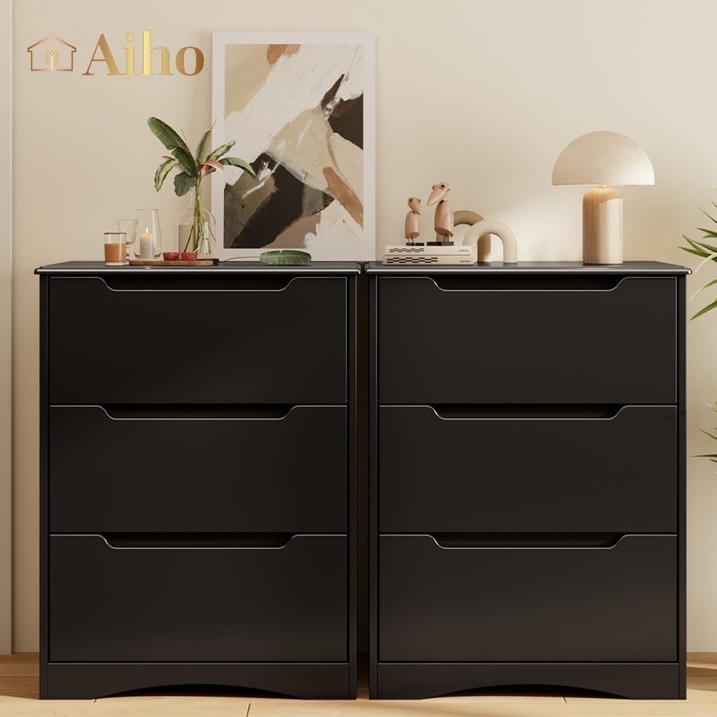 Aiho Dresser with 3 Drawers, Wood Tall Chest, Built-in Handle Drawers for Bedroom, Home, Living Room, Hallway - Black
