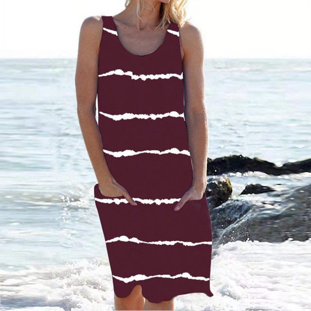 Nouvelle Robe Rayée pour Femmes Col Rond Sans Manches Robe Moulante Imprimée Robe Décontractée Style Tribal Élégant Robe Imprimée avec Poches