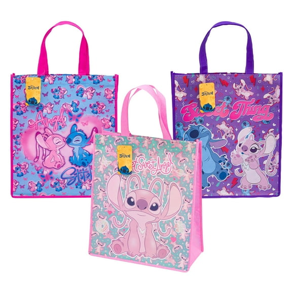 Large Disney Stitch Reusable Tote Bags, 16 in, Angel and Stitch, 3 Assorted Colors