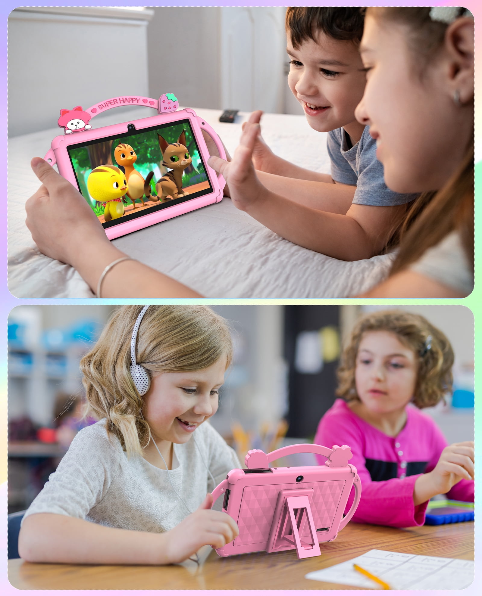Kids Tablet, 7 inch Android 13 Tablet, Quad Core CPU, 4GB(2G+2G)RAM+32GB ROM, 1024 x 600 IPS, WiFi, Bluetooth（Pink）