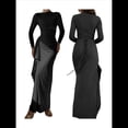 thumbnail image 3 of Vestido Midi Asimétrico con Abertura Irregular, Cuello Redondo, Larga y Cintura Fruncida para Mujer, Color Liso Negro S, 3 of 7